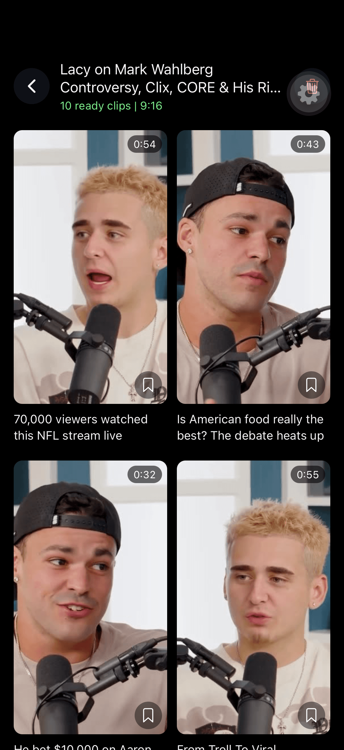 Keyframe on iPhone showing a grid of ten AI-generated vertical podcast clips
