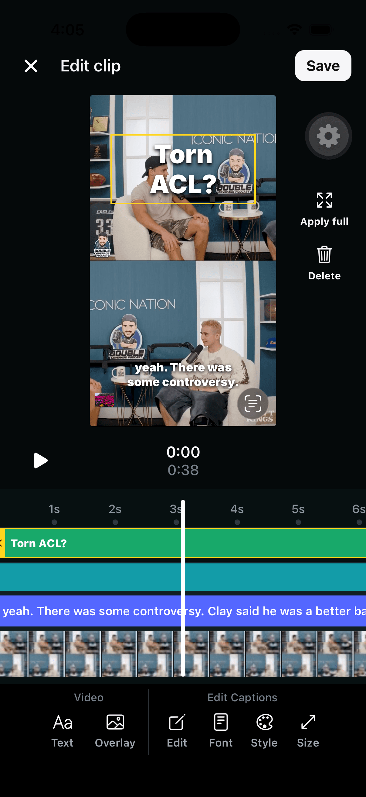 Keyframe clip editor with a text overlay, editable captions, and a video timeline
