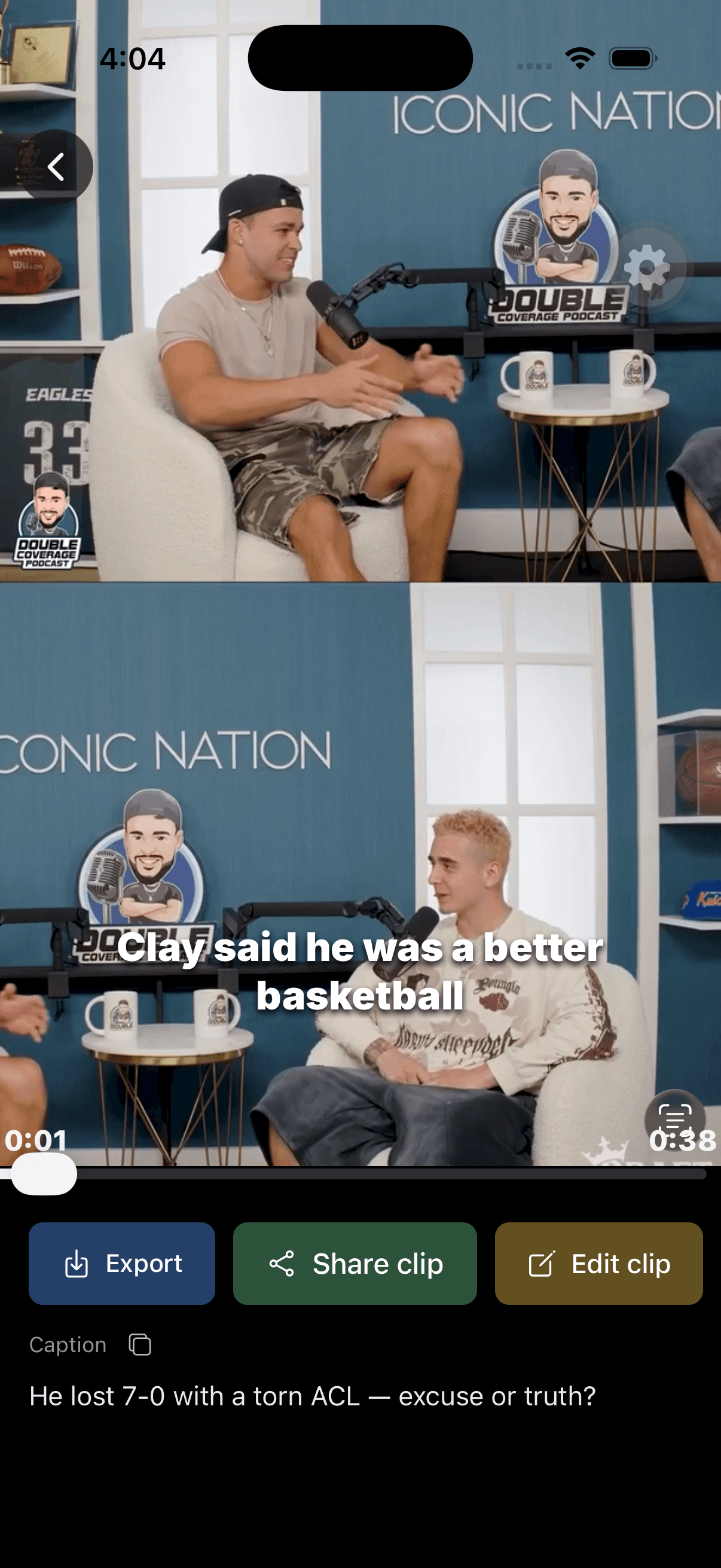 Keyframe preview of a captioned split-screen podcast clip with export and sharing controls
